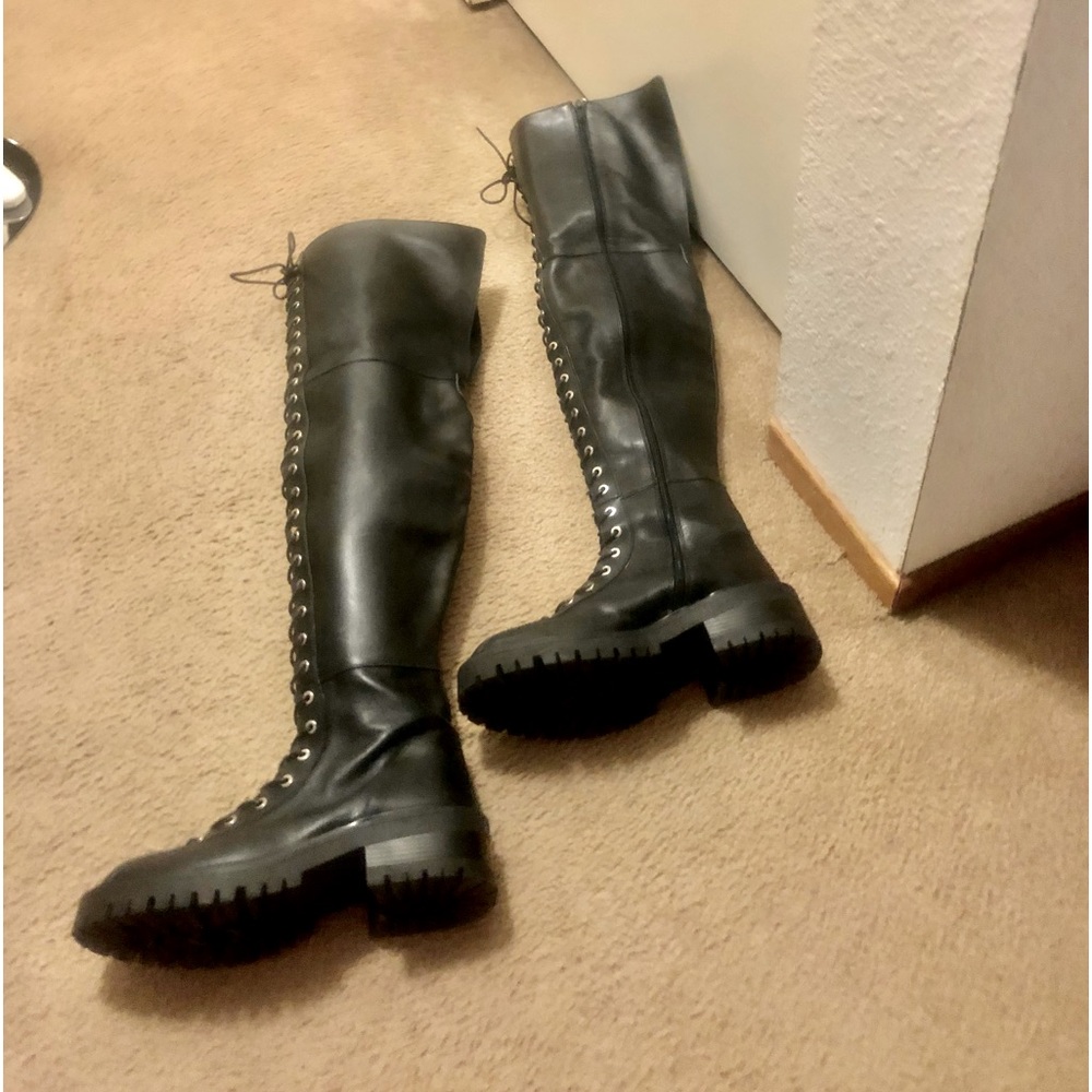 NWOT Zara Thigh High Genuine Leather Lace Up Boots Lug Sole. - Picture 8 of 16